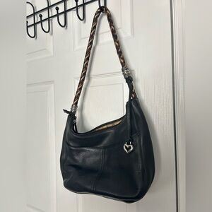 Brighton Black Leather Shoulder Bag with Braided Strap
